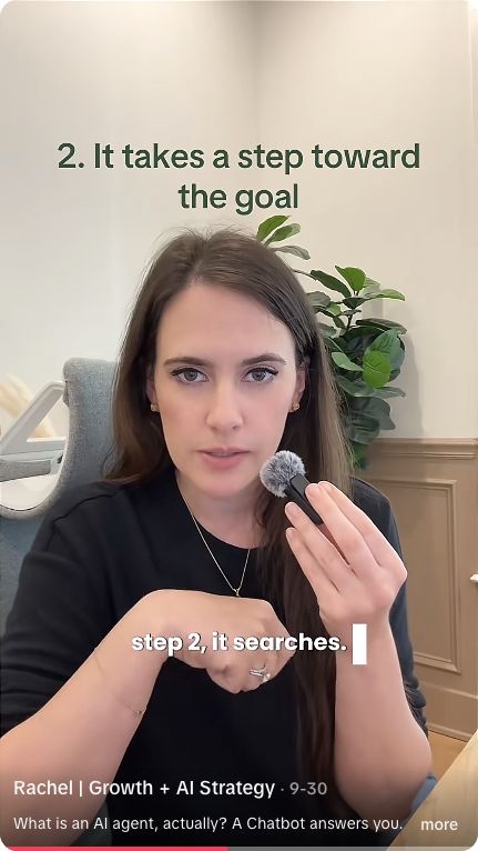 Rachel explaining AI agents, holding a microphone